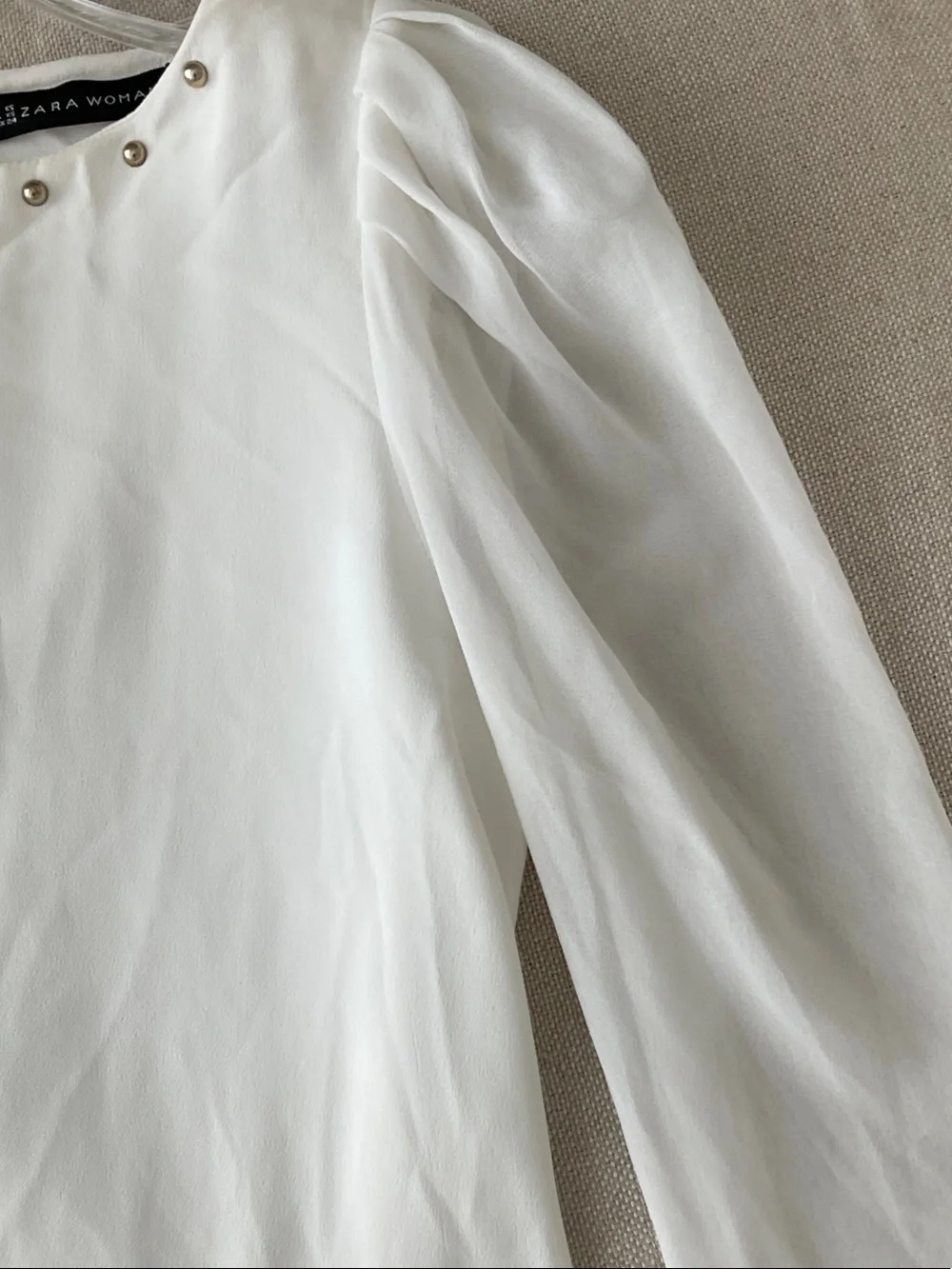 Zara Cream White Long-Sleeve Blouse with Studded Neckline